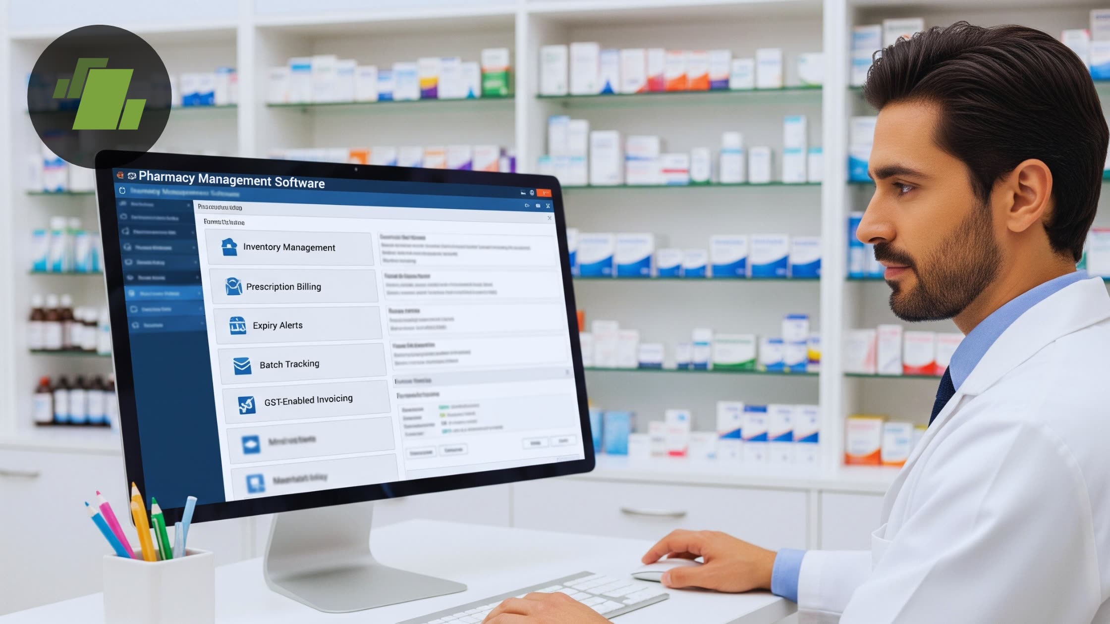A pharmacist at a computer running pharmacy software, with stock and billing on one screen